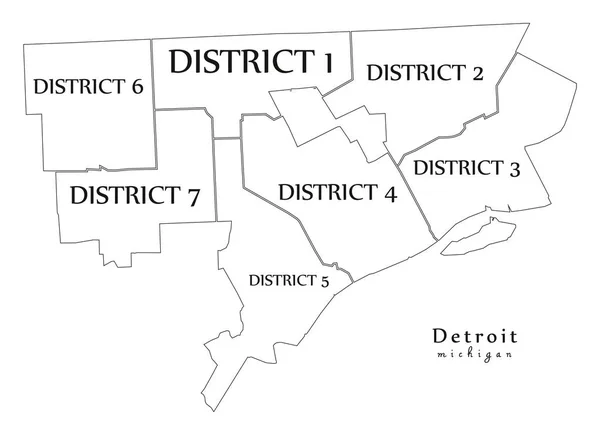 Modern City Map - Detroit Michigan city of the USA with districts and titles outline map — Stock Vector