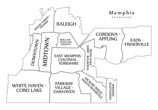 Moderner Stadtplan - memphis tennessee stadt der usa mit bezirken und titeln umrissenkarte — Stockvektor