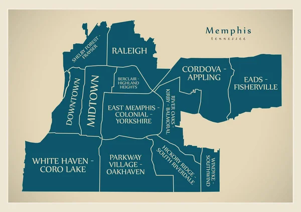 Moderner Stadtplan - memphis tennessee city of the usa mit Nachbarschaften und Titeln — Stockvektor