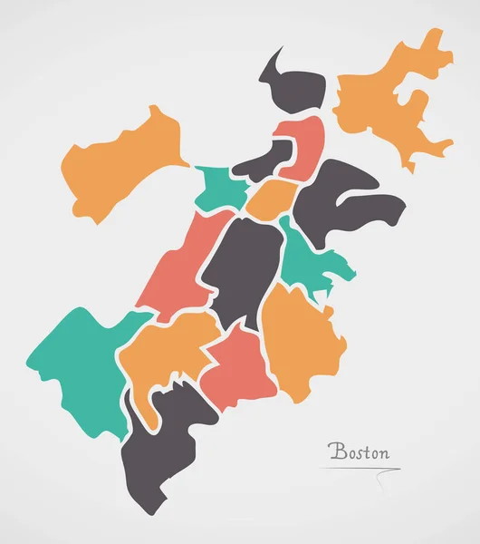 Boston Massachusetts Mapa con barrios y formas redondas modernas — Archivo Imágenes Vectoriales