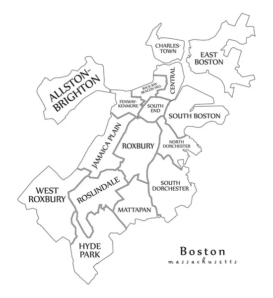Moderní City mapa - město Boston, Massachusetts v USA s obcí a tituly se obrys mapy — Stockový vektor