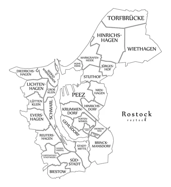 Mapa da cidade moderna - Rostock cidade da Alemanha com boroughs e títulos mapa esboço —  Vetores de Stock