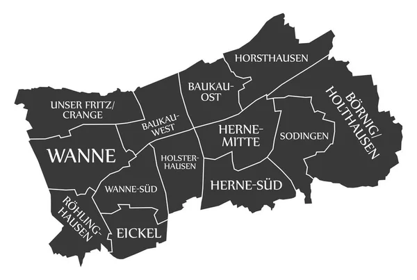 Herne şehir haritası Almanya De siyah illüstrasyon etiketli — Stok Vektör
