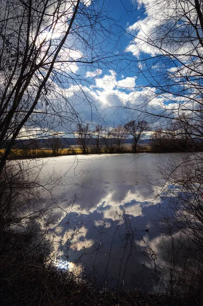Versteckter See hinter den Bäumen im zeitigen Frühling — Stockfoto