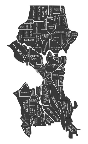 Seattle Washington Mappa Della Città Usa Etichettato Nero Illustrazione — Vettoriale Stock