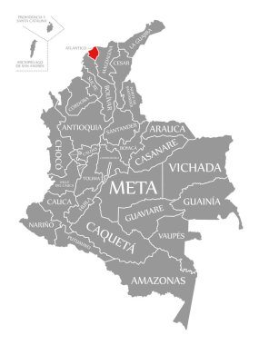 Kolombiya haritasında Atlantico kırmızısı vurgulandı