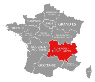 Auvergne - Rhone - Fransa haritasında Alpler kırmızısı vurgulandı