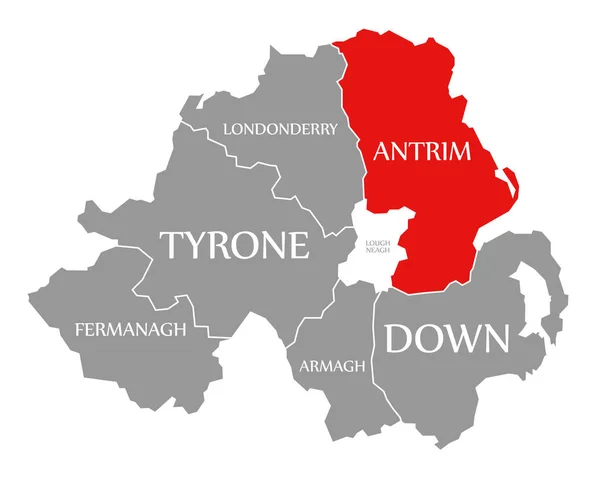 Antrim rot in der Karte von Nordirland hervorgehoben — Stockfoto