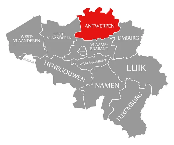 Antverpy červená zvýrazněná na mapě Belgie — Stock fotografie