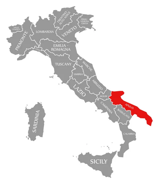 Apulia rojo resaltado en el mapa de Italia — Foto de Stock