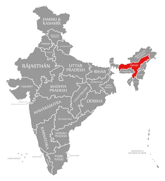 Assam czerwony zaznaczony na mapie Indii — Zdjęcie stockowe