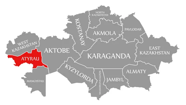 Atyrau red highlighted in map of Kazakhstan — 图库照片