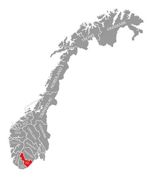 Aust Agder red highlighted in map of Norway — стокове фото