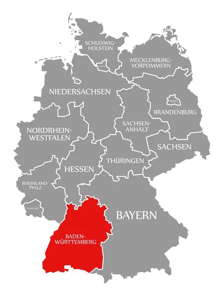 Baden Wuerttemberg röd markerad på kartan över Tyskland — Stockfoto