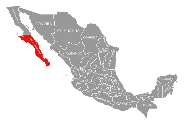 Baja California Sur สีแดงเน้นในแผนที่ของเม็กซิโก — ภาพถ่ายสต็อก