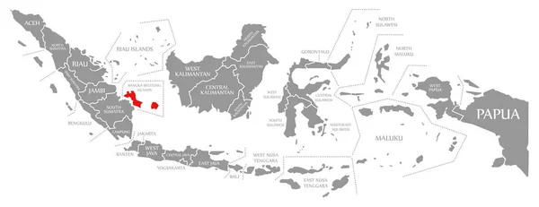 Bangka Belitung Eilanden rood gemarkeerd op kaart van Indonesië — Stockfoto
