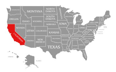 Amerika Birleşik Devletleri haritasında Kaliforniya kırmızısı vurgulandı