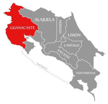 Kosta Rika haritasında Guanacaste kırmızısı vurgulandı