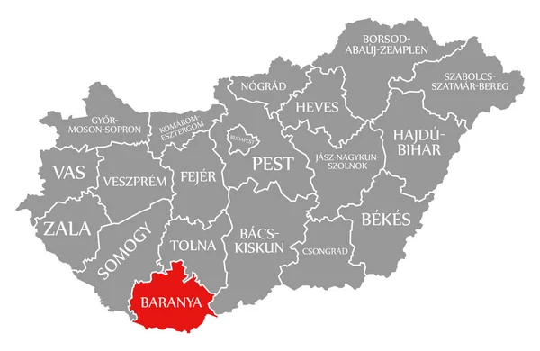 Baranya rosso evidenziato nella mappa di Ungheria — Foto Stock