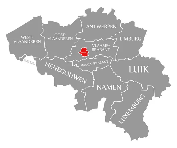 Bruxelas vermelho destaque no mapa de Bélgica — Fotografia de Stock