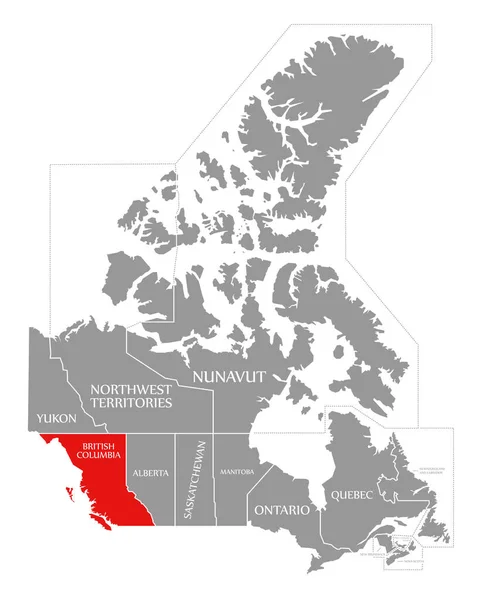 Червоний колір Британської Колумбії виділений на карті Канади. — стокове фото