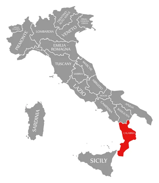 Calábria vermelha destaque no mapa de Itália — Fotografia de Stock