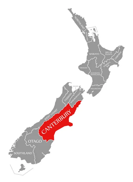 カンタベリー赤は、ニュージーランドの地図で強調表示 — ストック写真