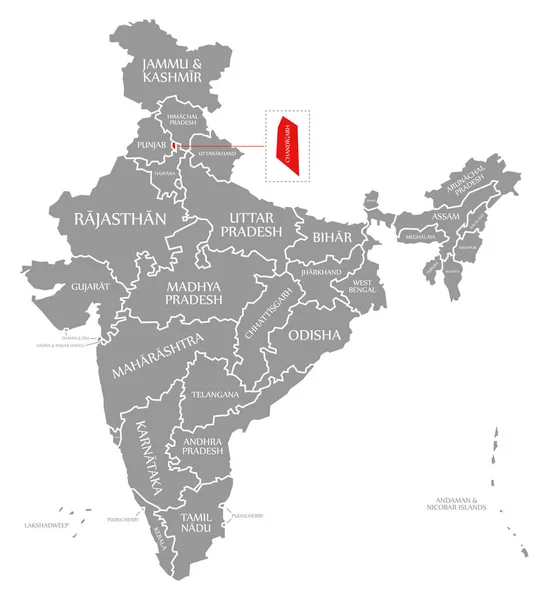 Chandigarh červená zvýrazněná na mapě Indie — Stock fotografie