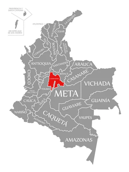 哥伦比亚地图上醒目的昆迪纳马卡红色 — 图库照片