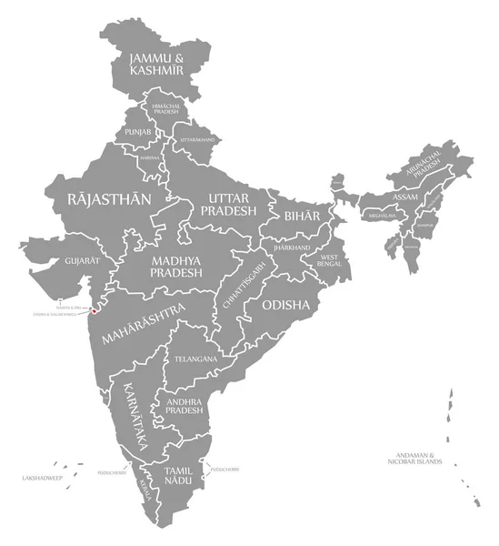 Dadra e Nagar Haveli vermelho destaque no mapa da Índia — Fotografia de Stock