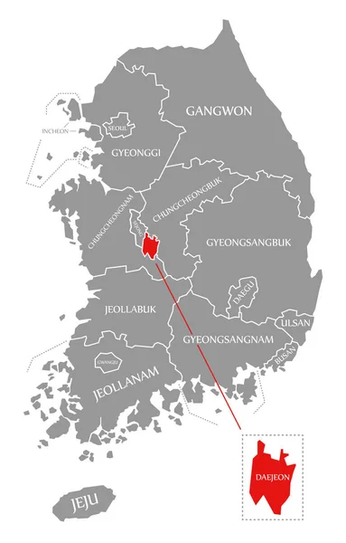 Daejeon rood gemarkeerd in kaart van Zuid-Korea — Stockfoto