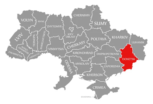 乌克兰地图上突出显示的顿涅茨克红色 — 图库照片