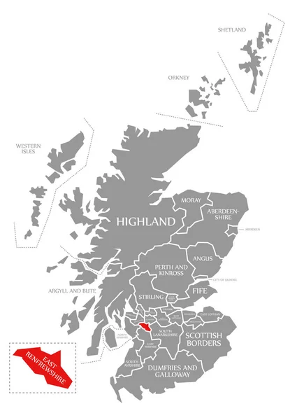 East Renfrewshire rojo resaltado en el mapa de Escocia Reino Unido — Foto de Stock