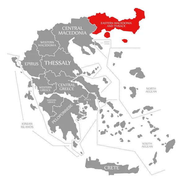 Macedonia orientale e Tracia rosso evidenziato nella mappa di Grecia — Foto Stock