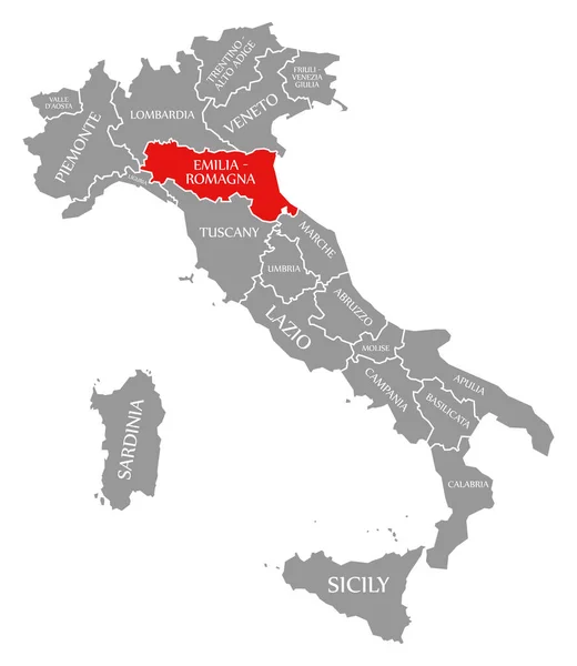 Emilia-Romagna rosso evidenziato nella mappa di Italia — Foto Stock