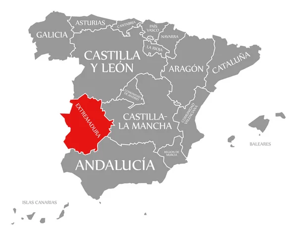 Extremadura red highlighted in map of Spain
