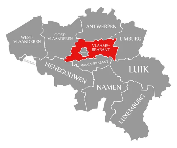 Flämisches Brabant rot auf der Landkarte Belgiens hervorgehoben — Stockfoto