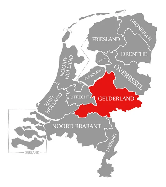 Gelderland κόκκινο τονίζεται στο χάρτη της Ολλανδίας — Φωτογραφία Αρχείου