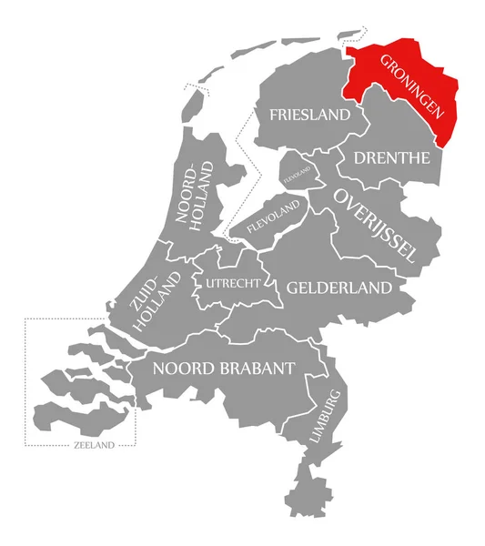 Groningen červená zvýrazněná na mapě Holandska — Stock fotografie