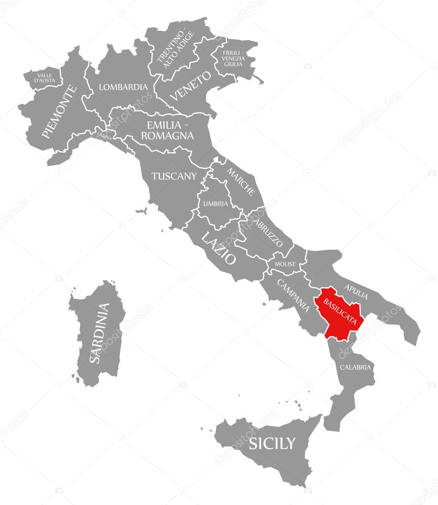 Basilicata red highlighted in map of Italy