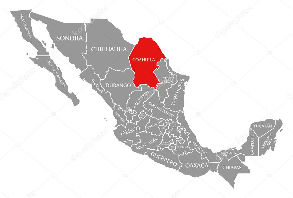 Coahuila red highlighted in map of Mexico