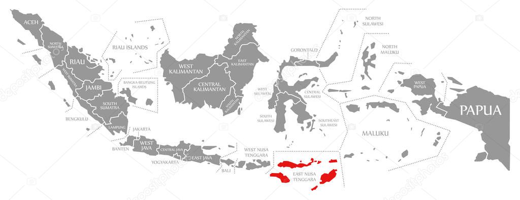 East Nusa Tenggara red highlighted in map of Indonesia