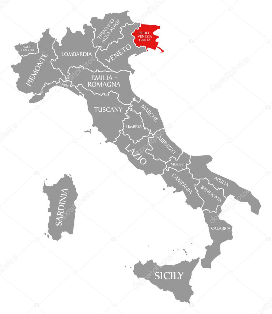 Friuli-Venezia Giulia red highlighted in map of Italy