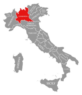 Lombardy red highlighted in map of Italy clipart