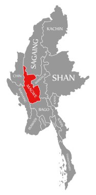 Myanmar haritasında Magwe kırmızısı vurgulandı