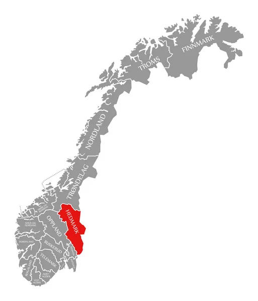 Hedmark rosso evidenziato nella mappa di Norvegia — Foto Stock