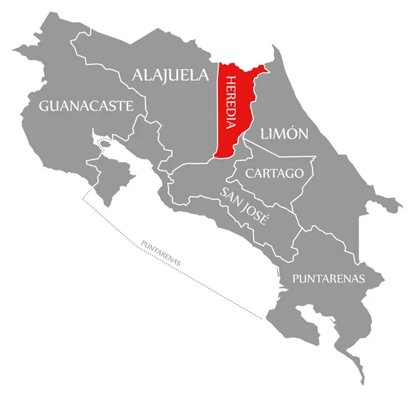 Heredia rot in der Karte von Costa Rica hervorgehoben — Stockfoto