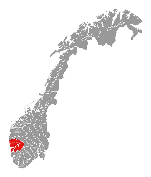Hordaland red highlighted in map of Norway — Stock Photo, Image