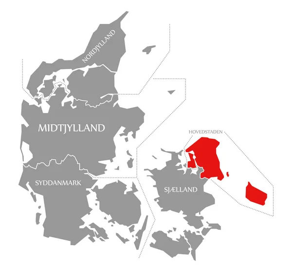 Hovedstaden красный выделен на карте Дании — стоковое фото