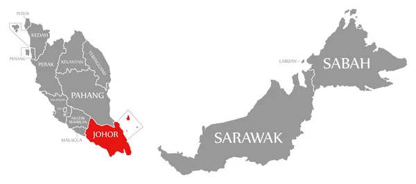 Johor red highlighted in map of Malaysia — 图库照片